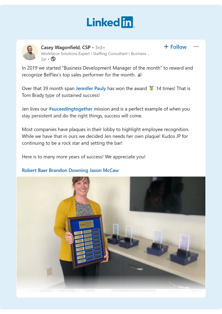 A BelFlex employee LinkedIn post recognizing another employee who has won a company award a record number of times
