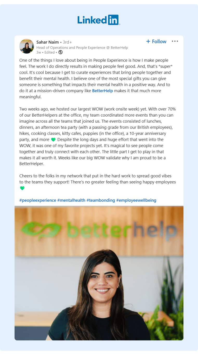 A BetterHelp employee shares she feels about helping people with their mental health