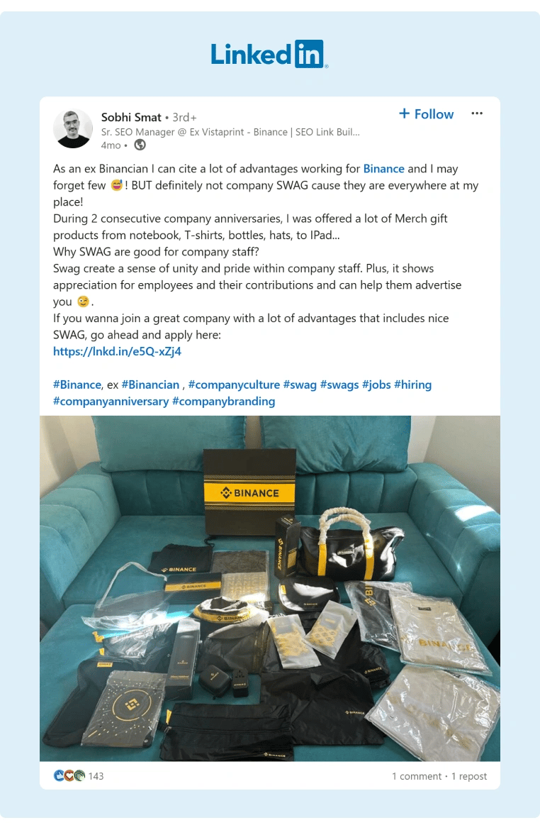 A Binance former employee shared some pictures of the swag and merchandise that the company provided to him