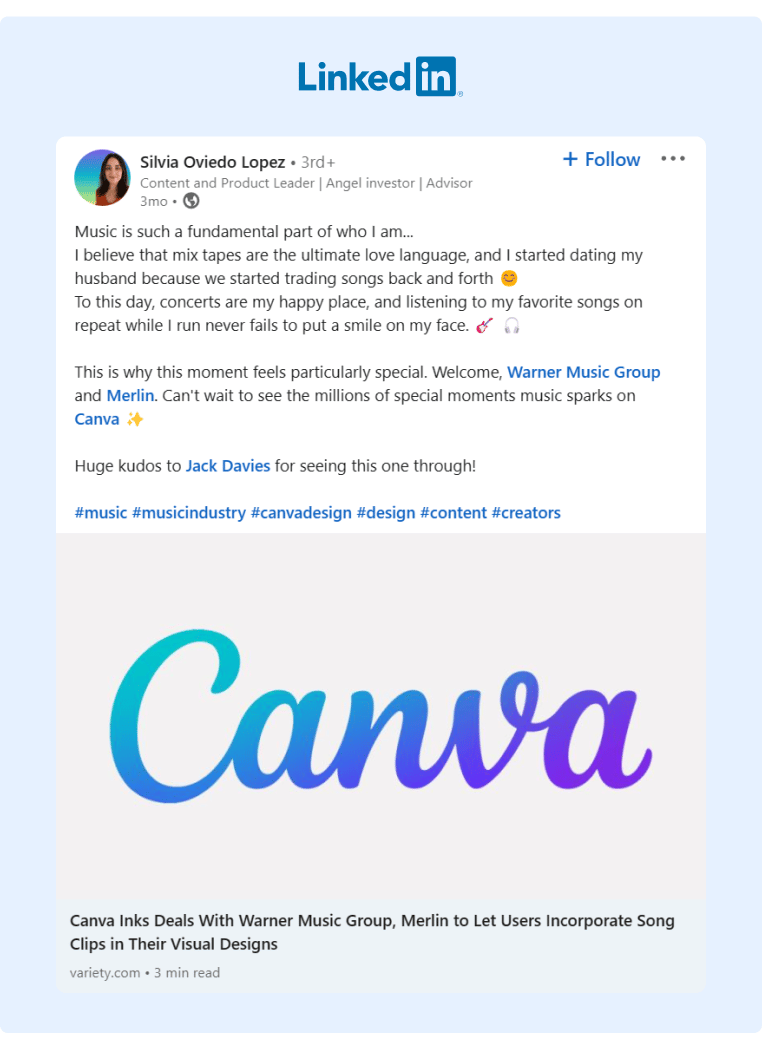 A Canva employee shares company news to her LinkedIn followers