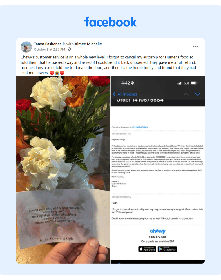 A Chewy customer shared on Facebook how the company gave her flowers and gave her a full refund after her pet passed away