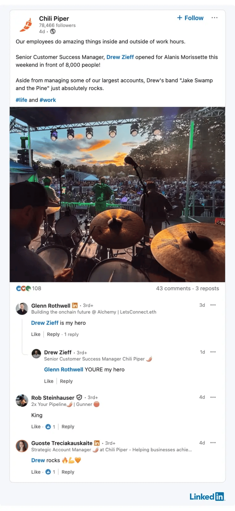 A Chili Piper LinkedIn Post about one of their employees life outside work that gathered quick comments from other teammates