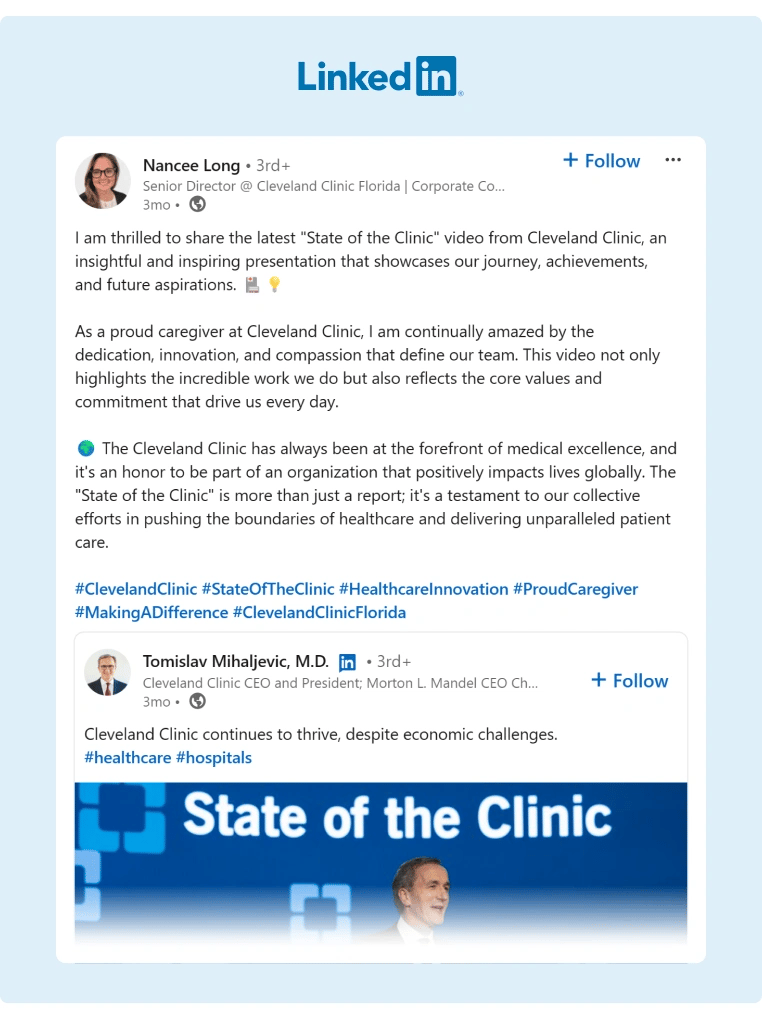 A Cleveland Clinic Director shares a company insights video on LinkedIn