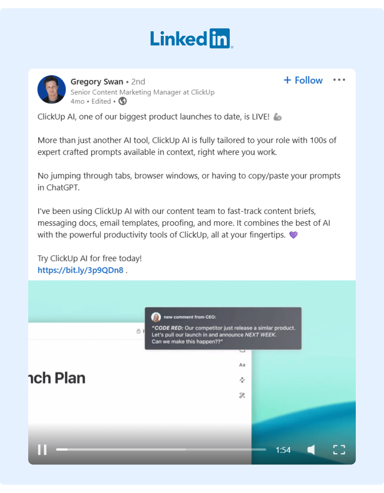 A ClickUp employee shares to his LinkedIn audience some company news and content regarding their AI features