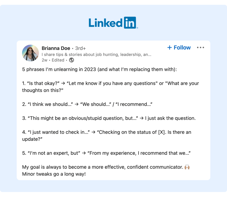 A Consultant and Career Coach shared on her LinkedIn profile five common workplace phrases and how she would replace them