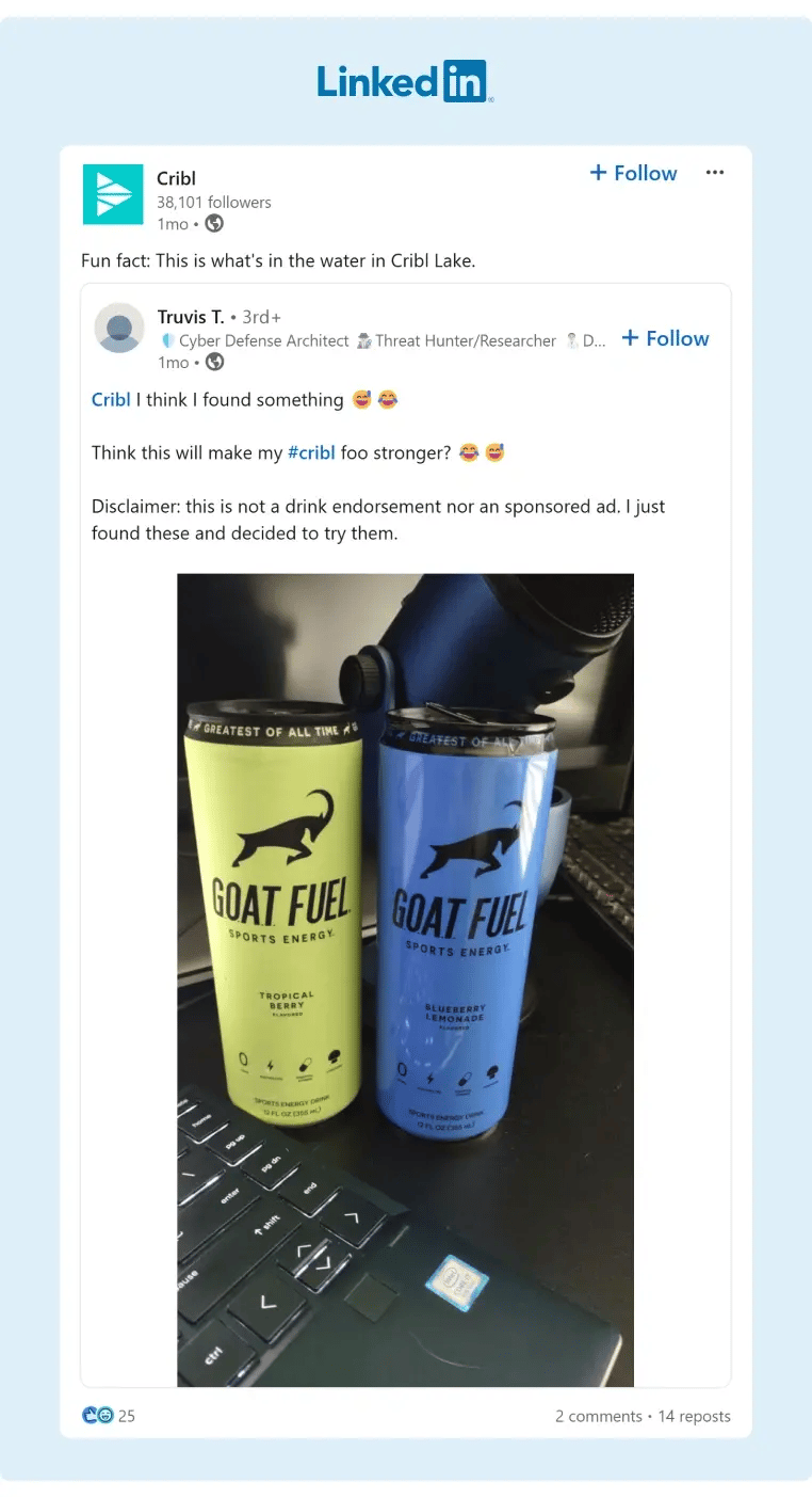 A Cribl customer shared a photo of a sports drink referencing Cribl goat mascot