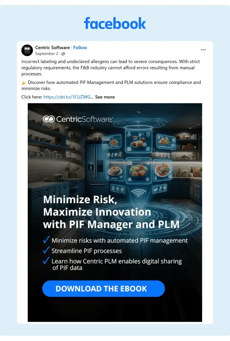 A Facebook post from Centric Software promoting their eBook about PIF Management and PLM Solutions