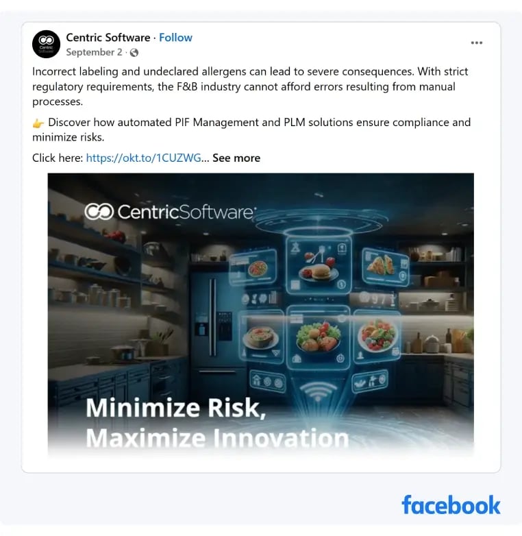 A Facebook post from Centric Software promoting their eBook about PIF Management and PLM Solutions