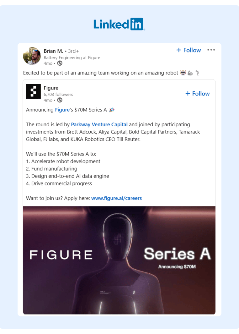 A Figure employee shared a branded company post in LinkedIn announcing they are developing and building a Robot