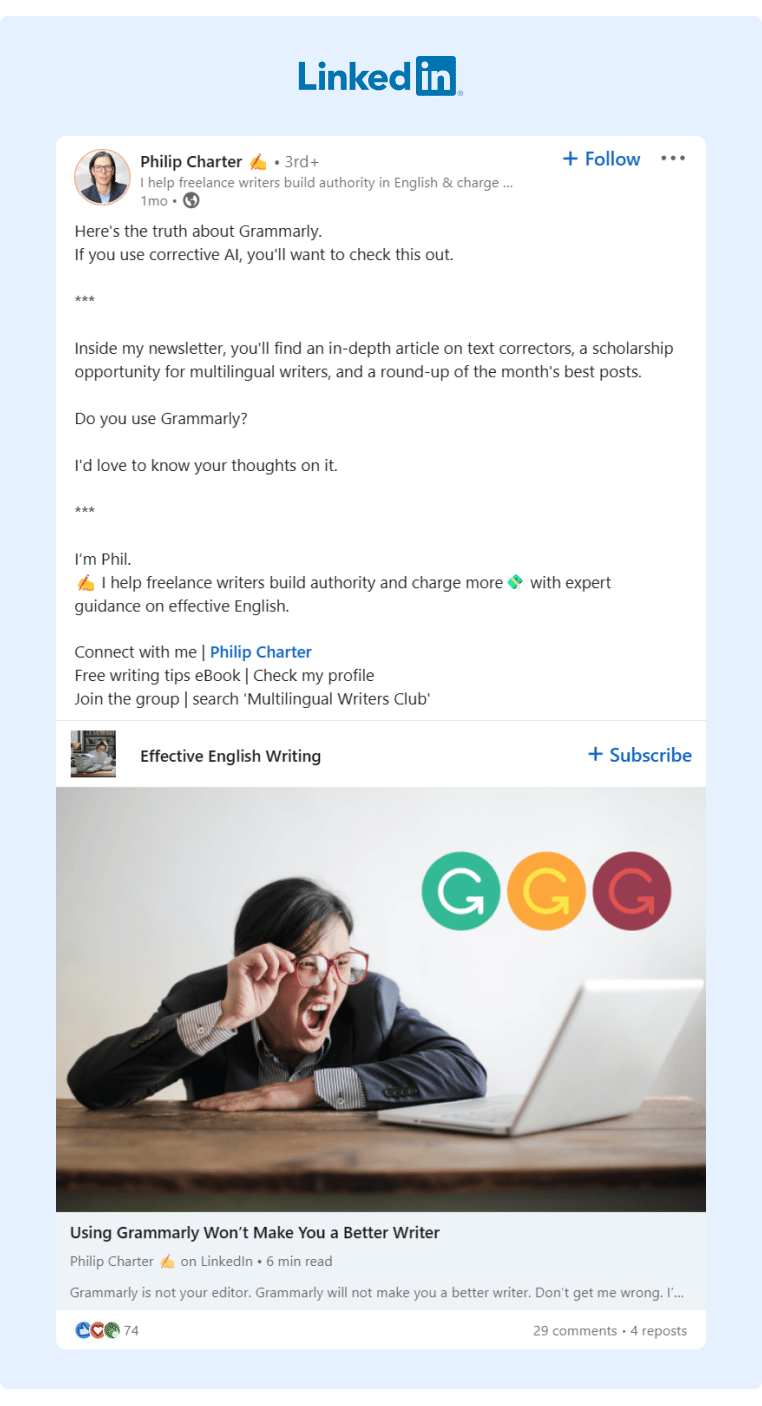A Freelancer posted a link to his newsletter article about Grammarly and corrective AI