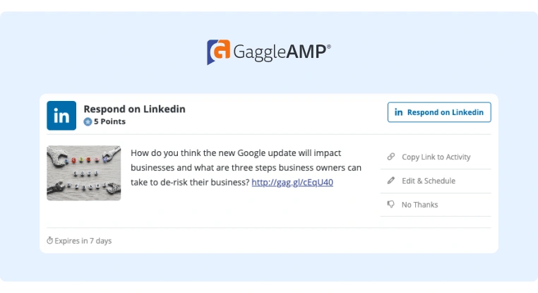 A GaggleAMP Engagement Activity to have employees respond to a specific post on LinkedIn