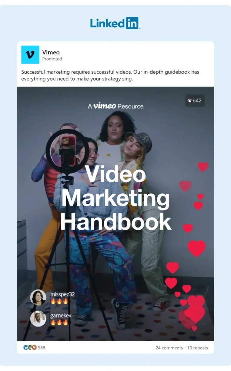 A LinkedIn Carousel from Vimeo promoting their downloadable Video Marketing Handbook