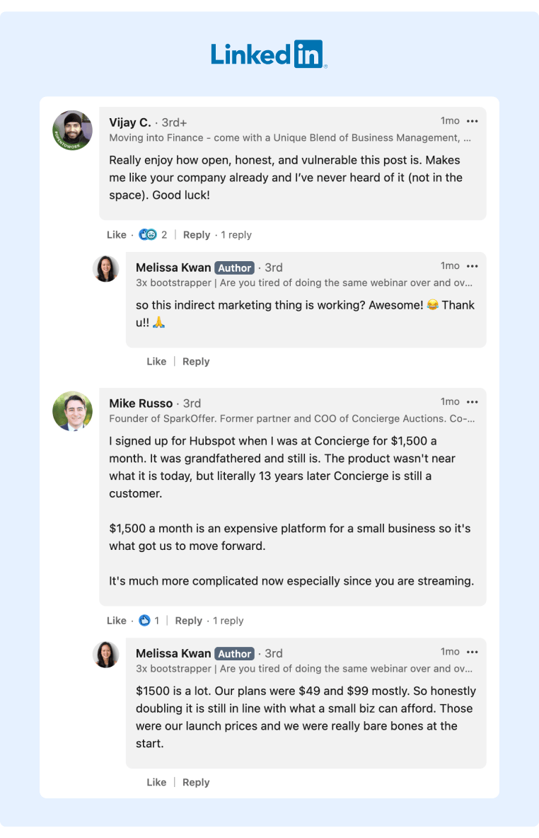 A LinkedIn Comment thread where the author is actively engaging her audiences comments