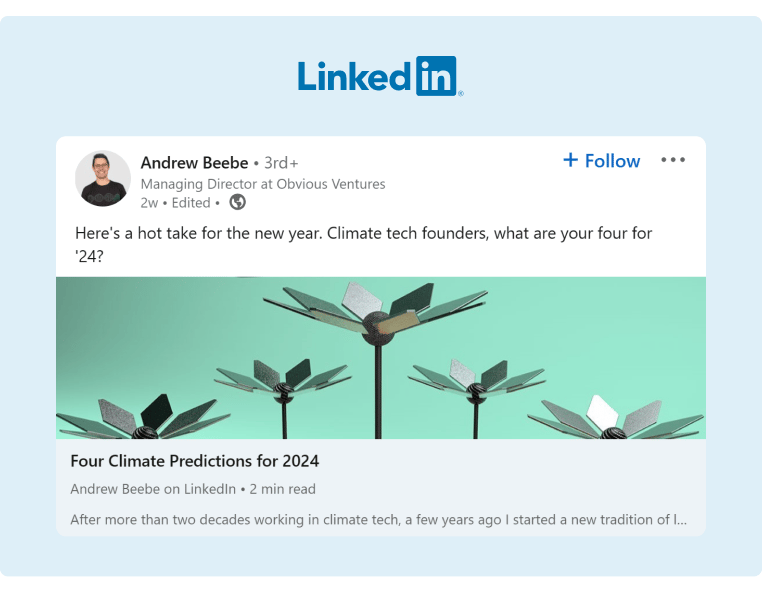A LinkedIn Post about Climate Predictions for 2024 aimed towards Climate Tech Founders