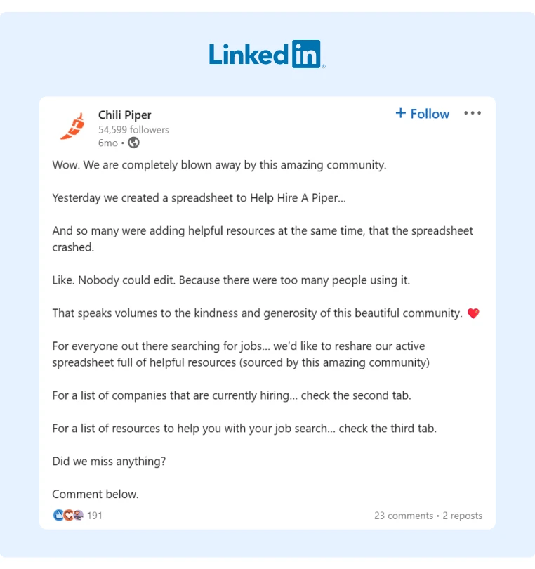 A LinkedIn Post from Chili Piper thanking their community for the overwhelming help being provided to the recently laid-off company staff so that these individuals could find another job