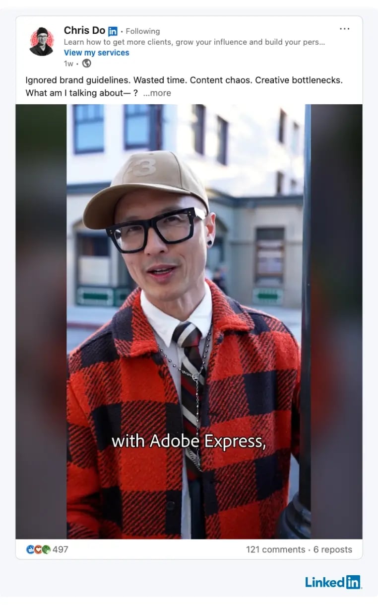 A LinkedIn Post from Chris Do where he promotes Adobe Express and highlights the best features of the tool