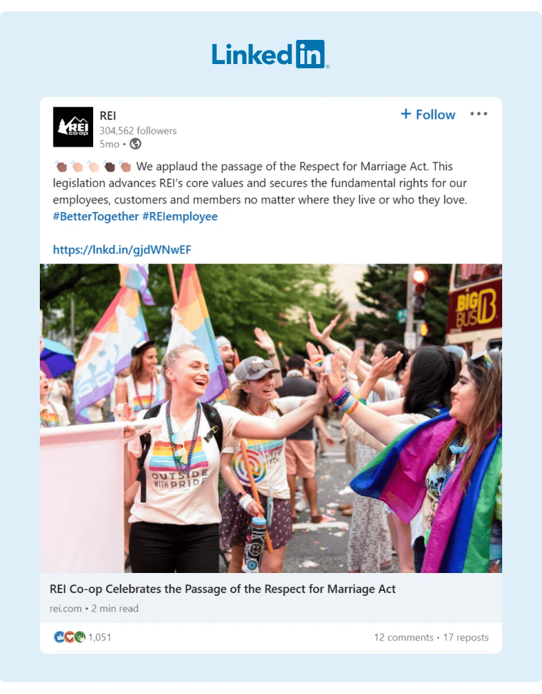 A LinkedIn Post from REI celebrating an important victory for the LGBQT community