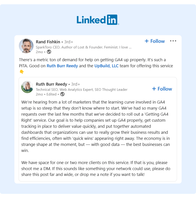 A LinkedIn Post from Rand Fishkin congratulating UpBuild for having a service to help set up GA4 for companies that buy from them