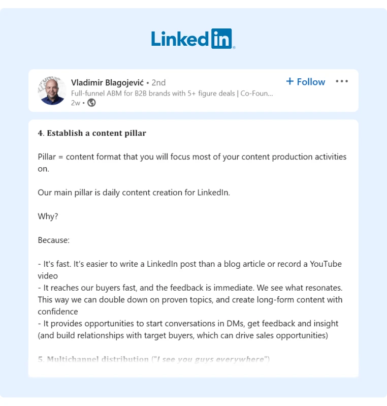 A LinkedIn Post from a B2B expert where he details that establishing a Content Pillar is one of the key points of Content Marketing