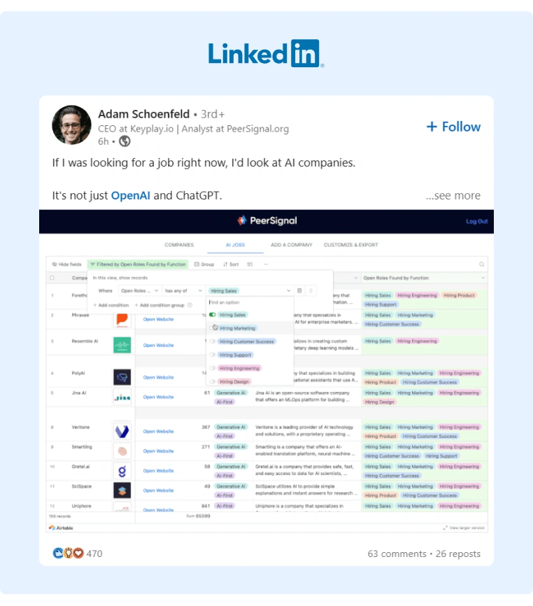A LinkedIn Post from a PeerSignal employee discussing about the open positions at AI companies with a video to further illustrate his point of view
