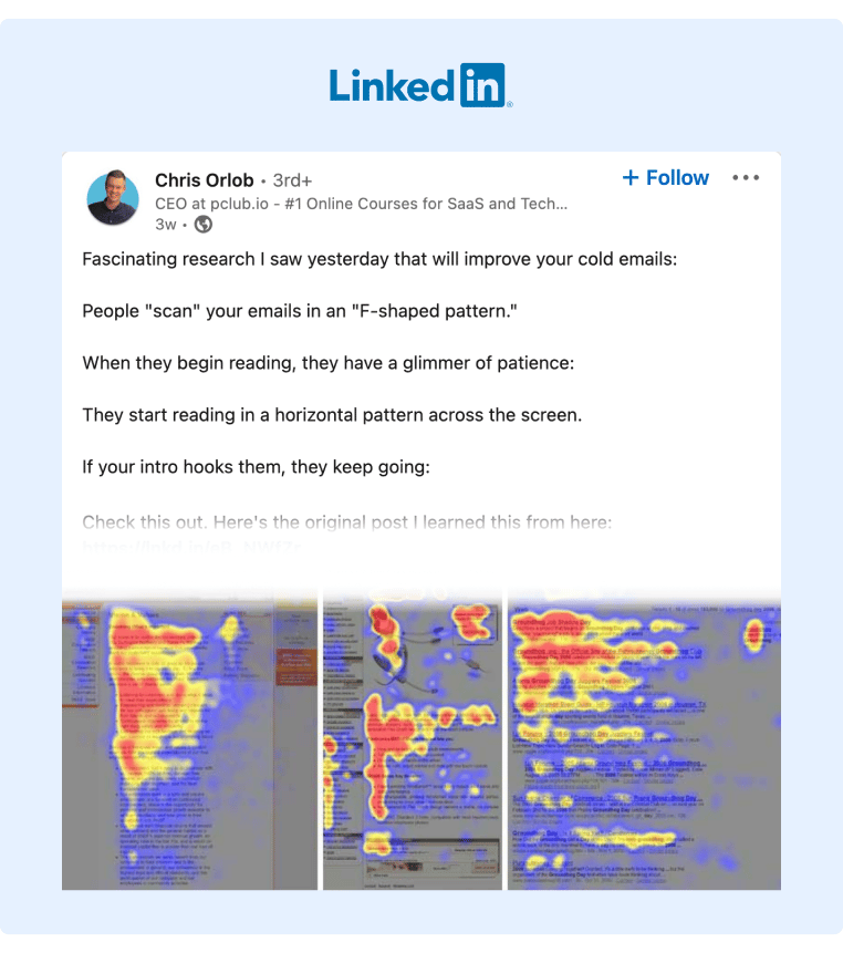 A LinkedIn Post that gave an insight on how a person reads an email and how important it is to have a captivating intro so that the reader engages with the rest of the content
