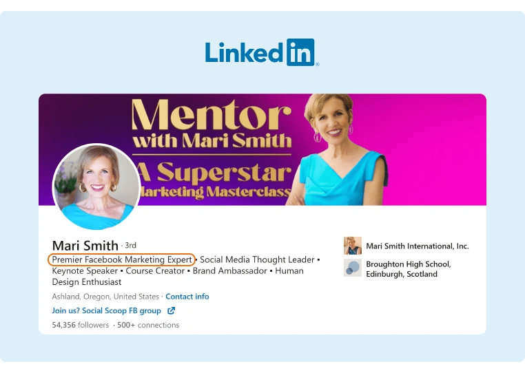 A LinkedIn Profile from a user promoting herself as a Facebook Marketing Expert and other prominent Social Media titles