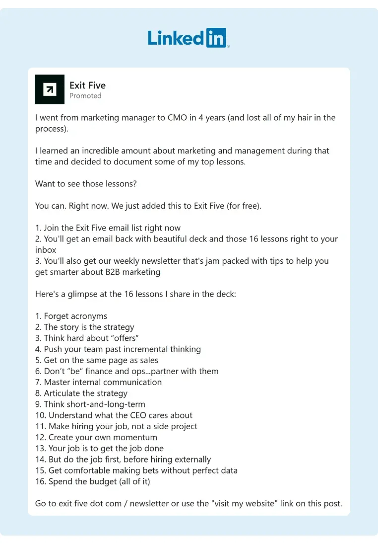 A LinkedIn ad from Exit Five that highlights the benefits of joining their email list
