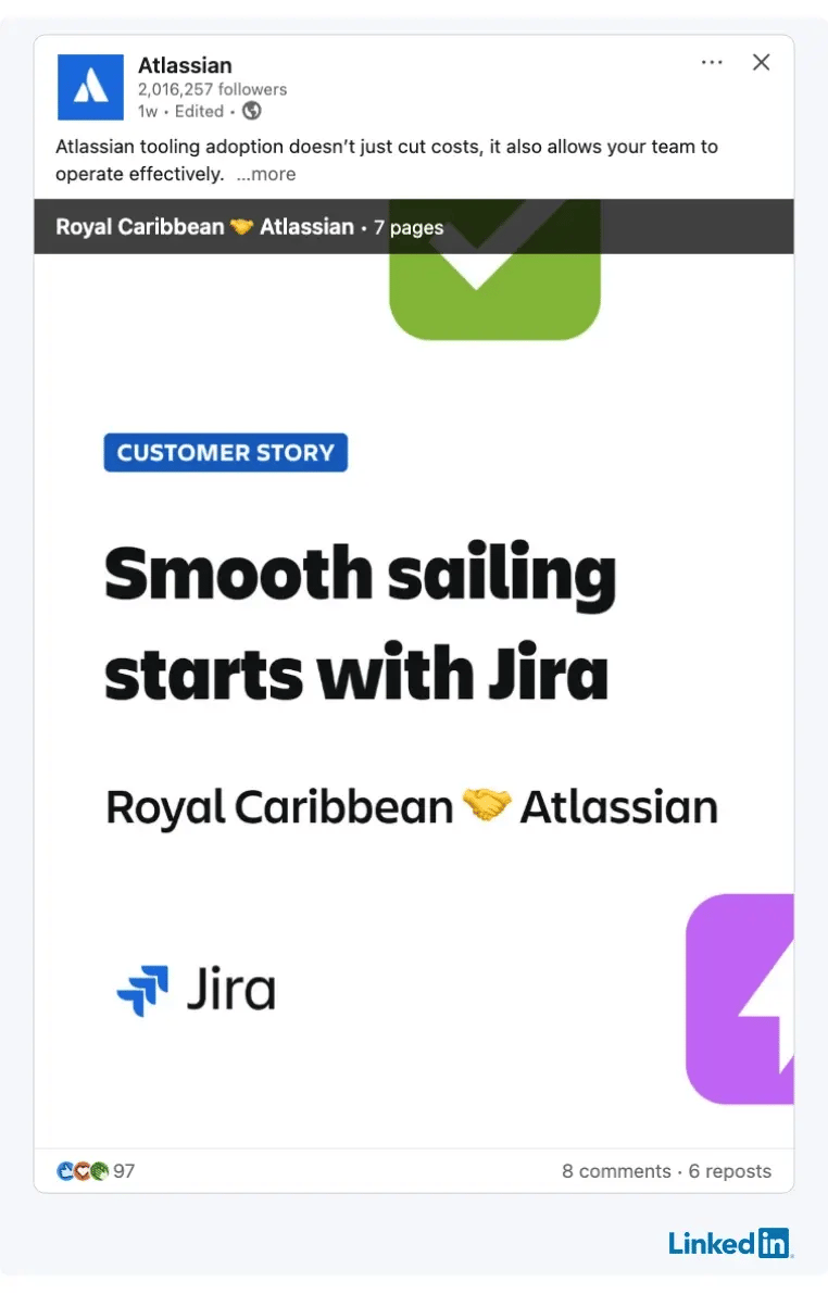 A LinkedIn carousel post by Atlassian in collaboration with Royal Caribbean