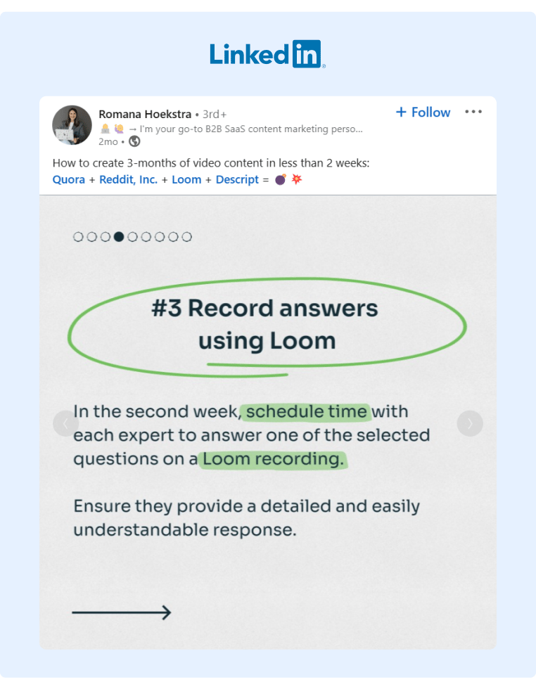 A LinkedIn carousel post describing a step by step process of how to create video content using multiple tools such as Loom