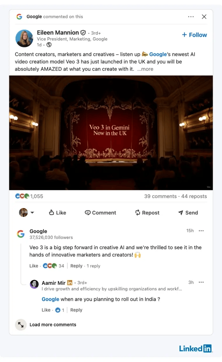 A LinkedIn post about Google AI video creation model Veo 3