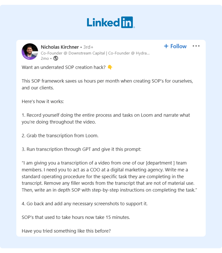 A LinkedIn post about how using Loom for video recording an SOP can help save up some training time and resources