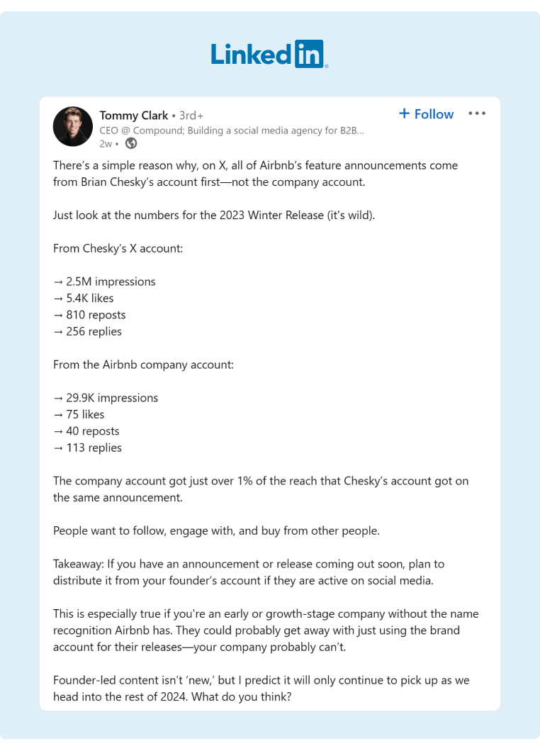 A LinkedIn post explains in detail how its best for a company to make announcements from their CEOs account