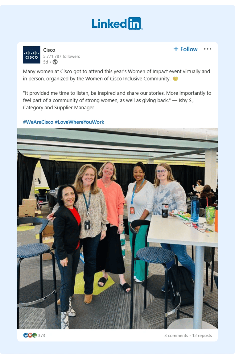 A LinkedIn post from Ciscos company profile about the positive impact of their recently held Women of Impact event
