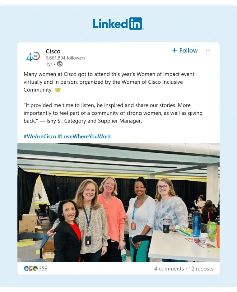 A LinkedIn post from Ciscos company profile about the positive impact of their recently held Women of Impact event