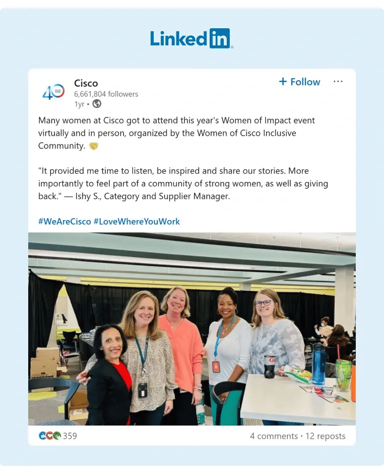A LinkedIn post from Ciscos company profile about the positive impact of their recently held Women of Impact-event