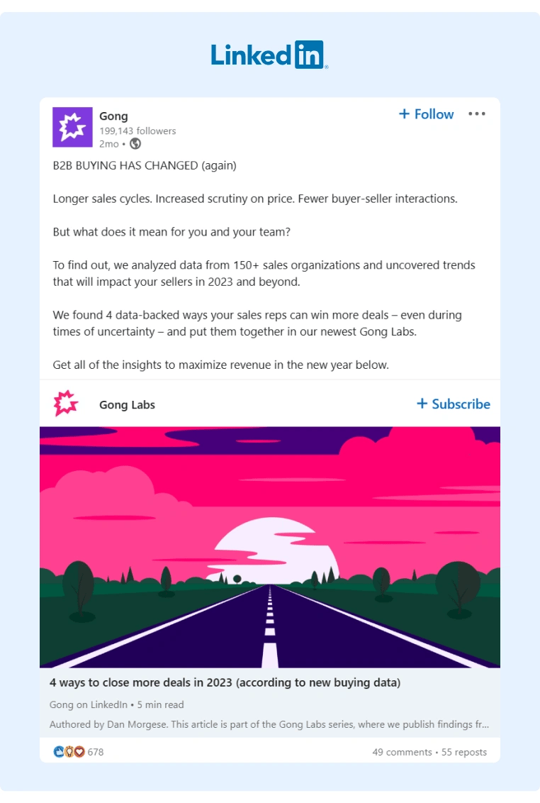 A LinkedIn post from Gong where they target B2B sales professionals frustrated by changing standards in the industry