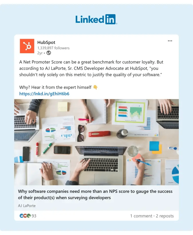 A LinkedIn post from HubSpot about including more metrics to measure their product stats