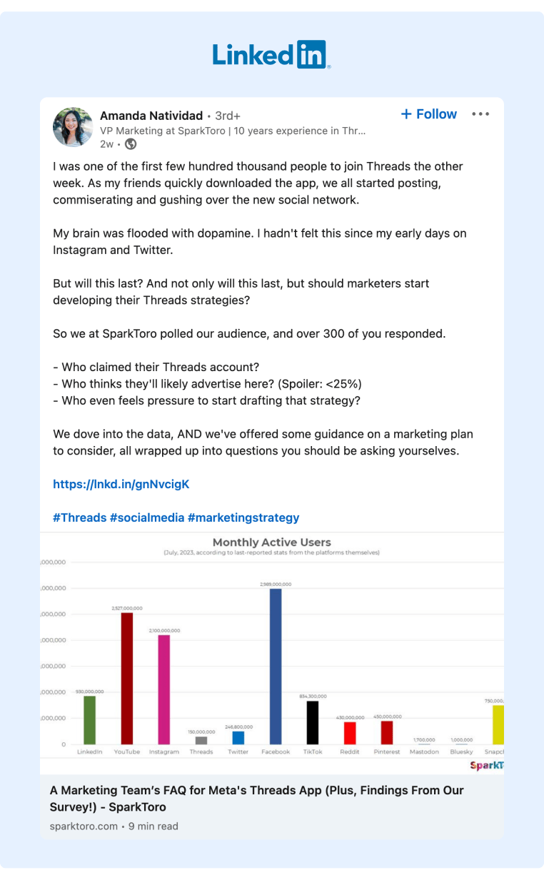 A LinkedIn post from SparkToros Marketing VP about how she interacted with the Threads app and how that lead her to create a Marketing Plan available through her company