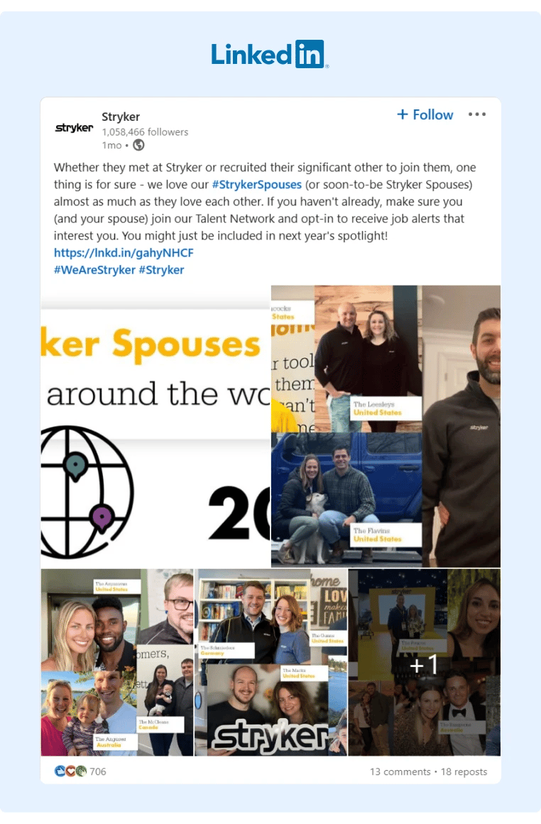 A LinkedIn post from Stryker featuring photos of their employees with their spouses