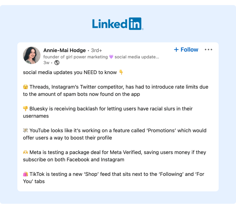 A LinkedIn post from a Marketer curates and presents the top social media news in a simple yet organized list and creatively using emojis to represent bullet points and separate each idea