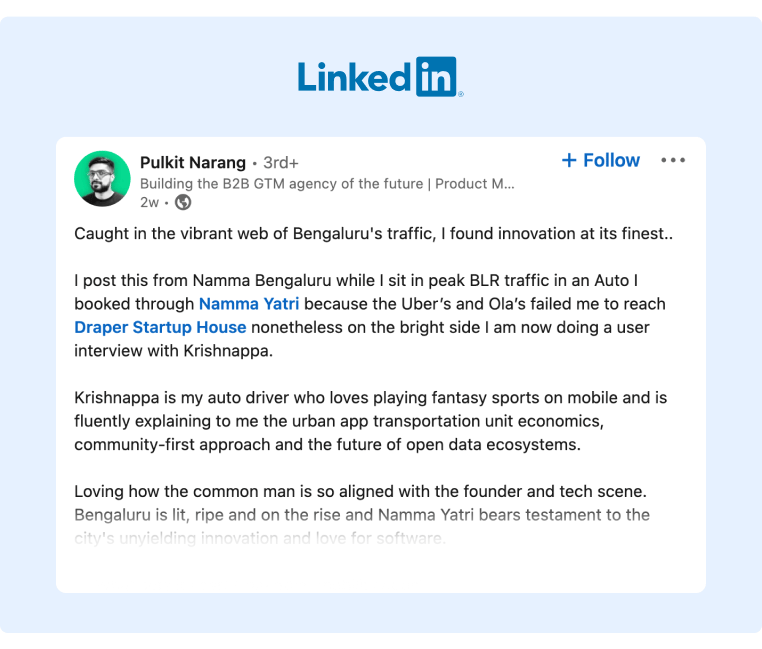 A LinkedIn post on how a Tech Executive took advantage of being stuck in a traffic jam and interviewed his driver
