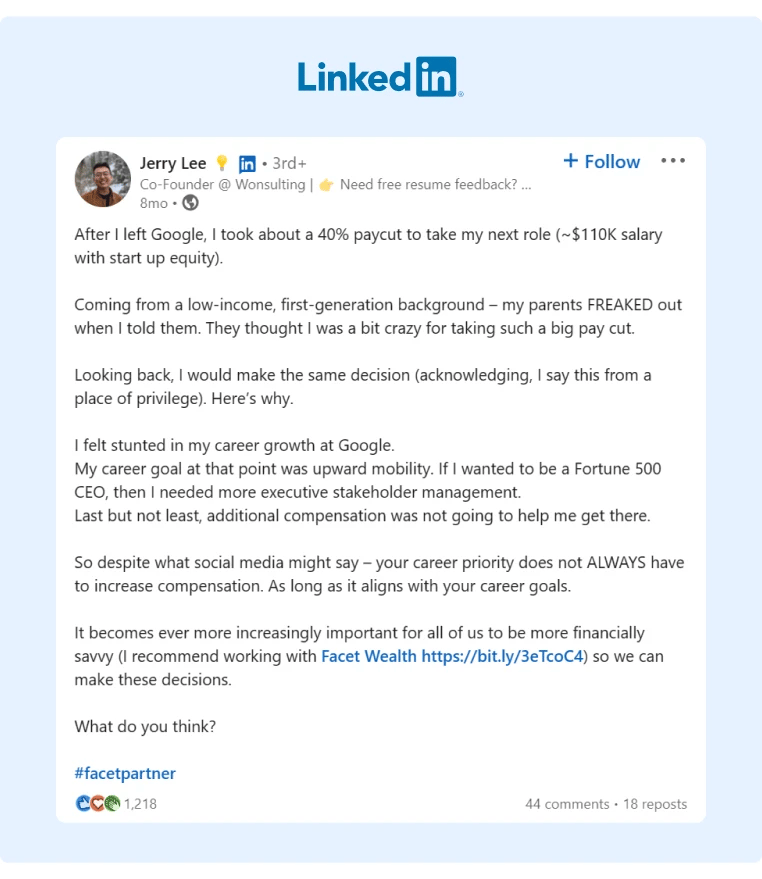 A LinkedIn post on how you can attract high quality job candidates even if you cant offer the same salary