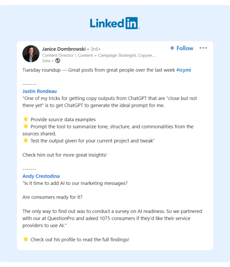 A LinkedIn post summarizing some of the most relevant findings shared by B2B influencers who are analyzing ChatGPT and AI as part of a marketing strategy