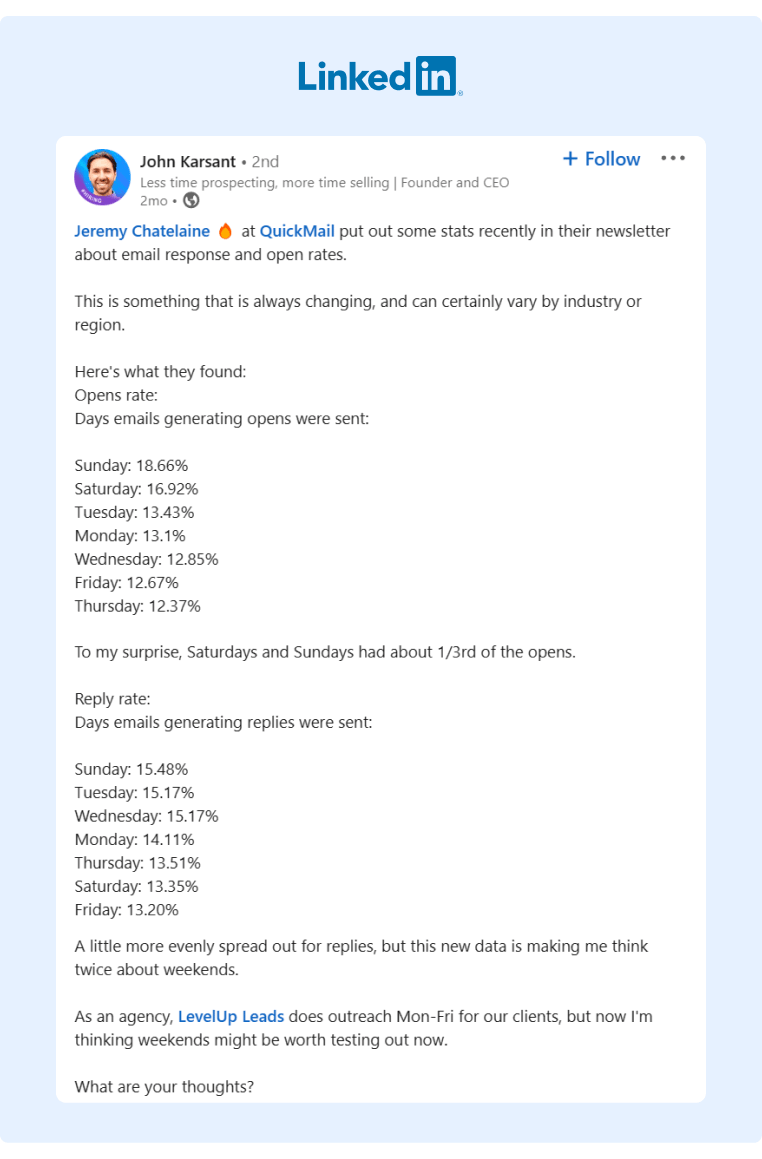 A LinkedIn post that gives an insight on the statistics shared by QuickMail in their newsletter about email response