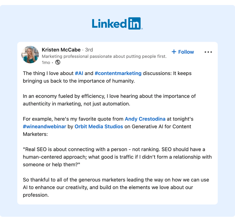 A LinkedIn post where the author used a phrase from well-known marketer Andy Crestodina about SEO and Generative AI for Content Marketers during a webinar