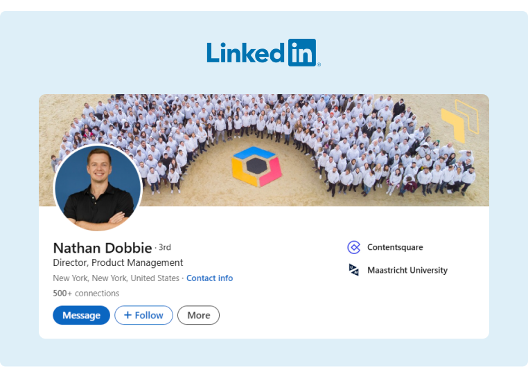 A LinkedIn profile example that uses bright and clear colors for the headshot and banner pictures