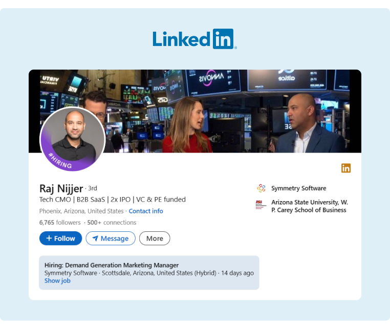 A LinkedIn profile featuring the Hiring badge