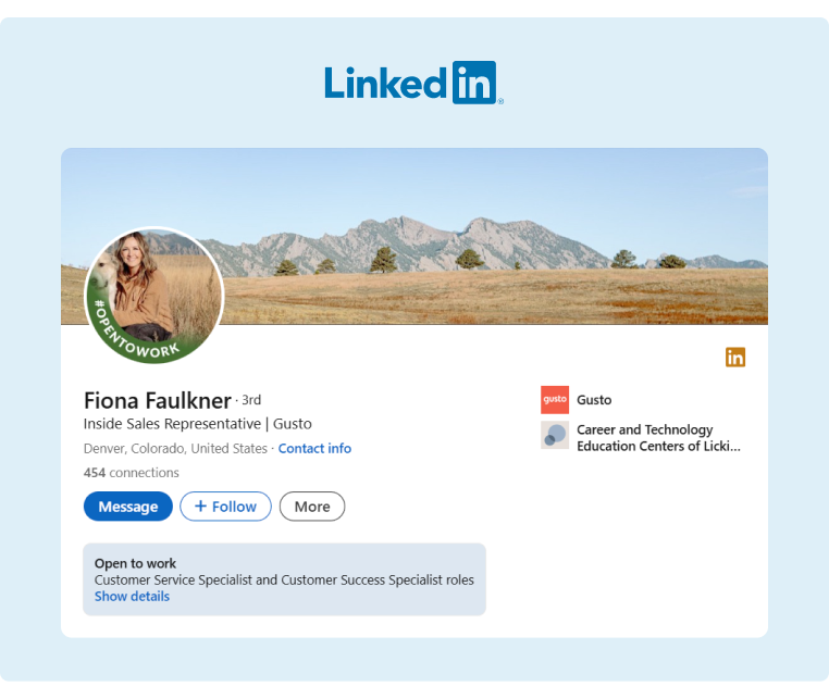 A LinkedIn profile featuring the Open to Work badge