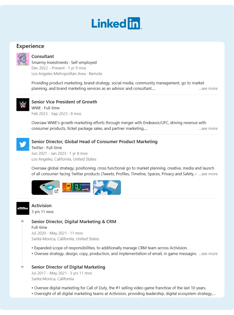 A LinkedIn profile job experience section