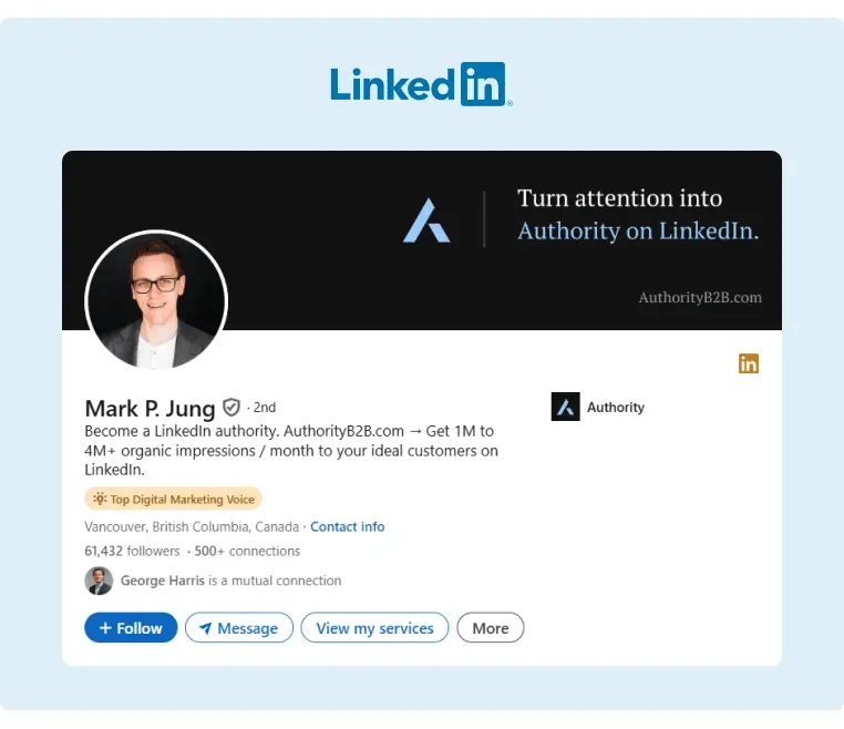 A LinkedIn profile that uses a dark colors to bring out the message on the banner picture